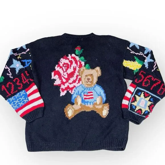 Vintage 90s Eagles Eye Hand Knit Cardigan Sweater Sz. Small School USA Flag Bear - Picture 2 of 6